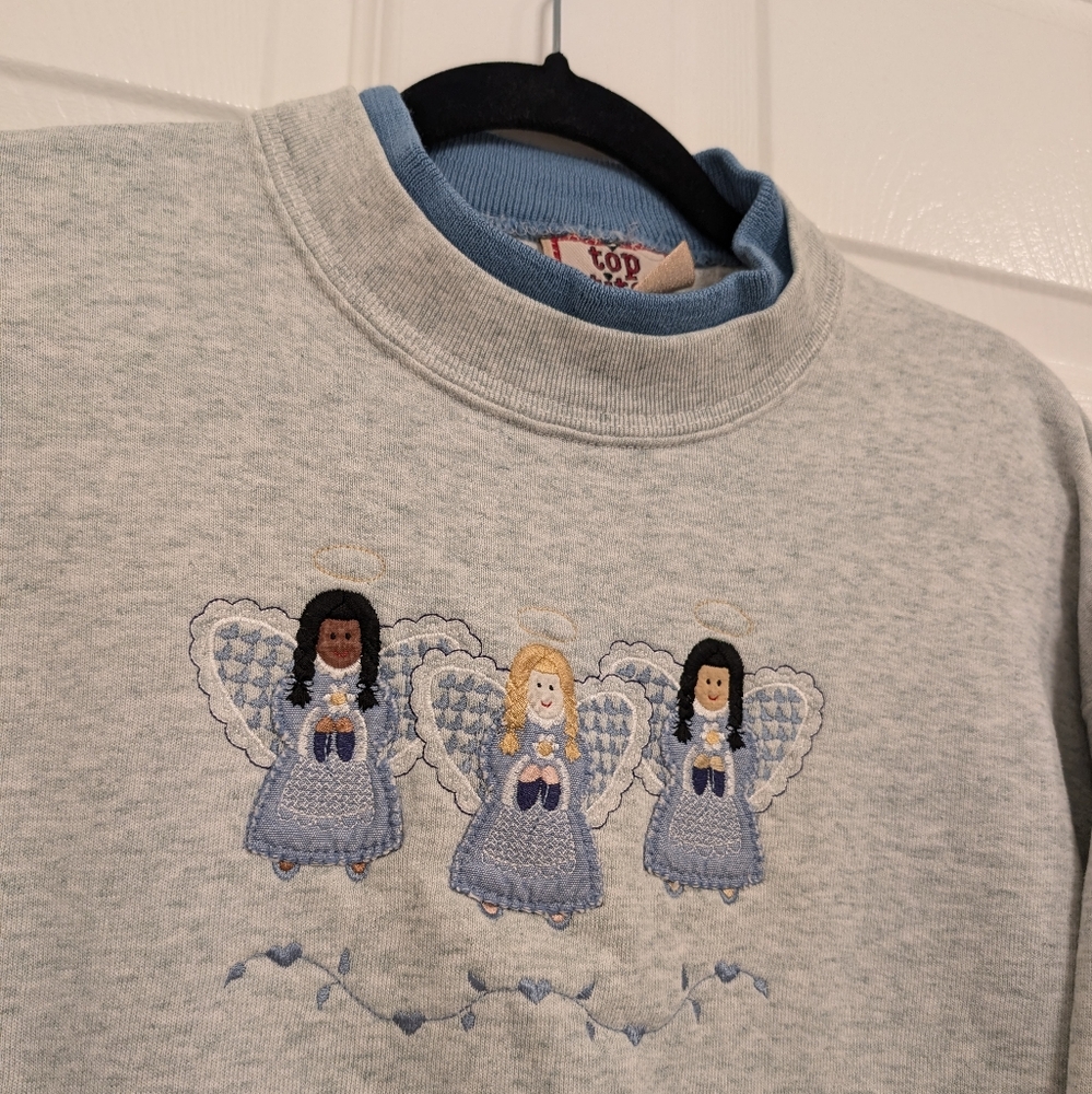 90s Interracial Angels Holiday Morning Sun Top Stitch Sweater M Grey Pullover